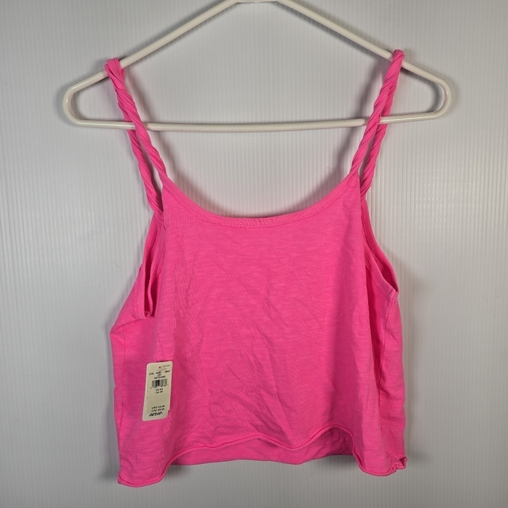 NWT Aerie Twist & Shout Cropped Neon Pink Tank Top Twisted Straps Rolled Hem XS - Picture 2 of 10